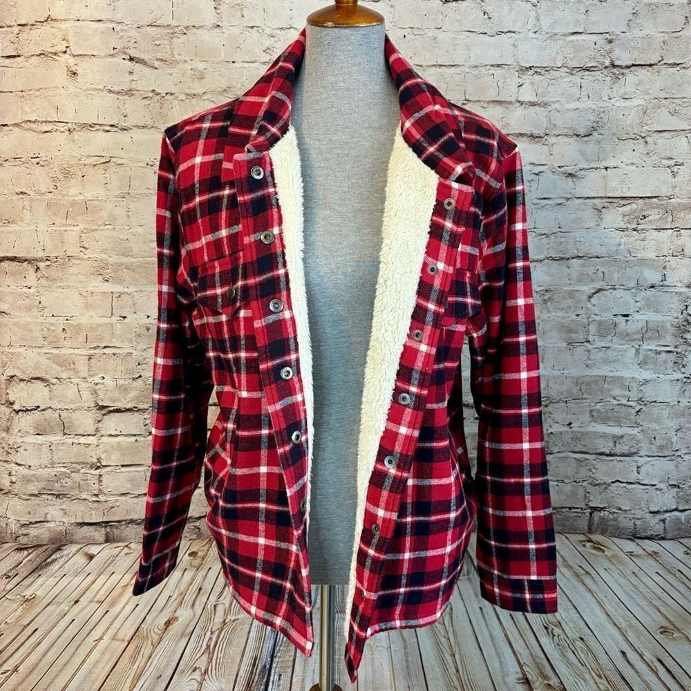 Lucky Brand Lined Shacket Plaid Flannel Button Down Red Black Womens Size XL NWT